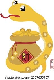 Lunar new year of snake-Cartoon Snake with Gold Money Bag Illustration