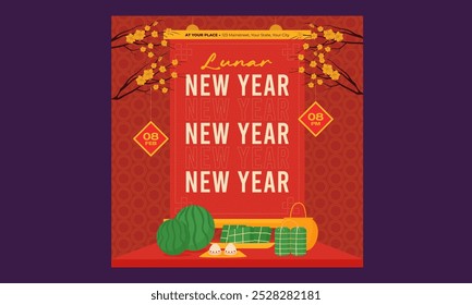 Lunar New Year Socials Media. Vector illustration. Asian Lantern, Clouds and Patterns in Modern Style, Red and Gold.