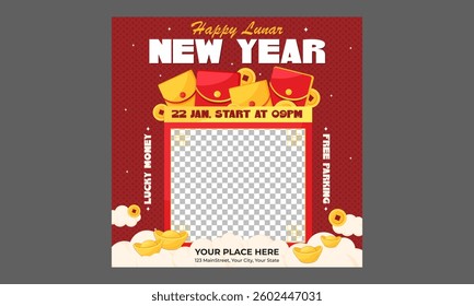 Lunar New Year Socials Media. Luxurious Red and Gold Templates Featuring Natural Abstract Designs with Clouds, Circles, and Ornaments. Chinese New Year Posts, Stories, Flyers.
