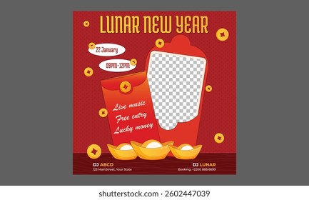 Lunar New Year Socials Media. Luxurious Red and Gold Templates Featuring Natural Abstract Designs with Clouds, Circles, and Ornaments. Chinese New Year Posts, Stories, Flyers.
