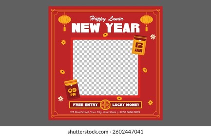 Lunar New Year Socials Media. Luxurious Red and Gold Templates Featuring Natural Abstract Designs with Clouds, Circles, and Ornaments. Chinese New Year Posts, Stories, Flyers.
