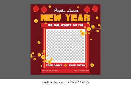 Lunar New Year Socials Media. Luxurious Red and Gold Templates Featuring Natural Abstract Designs with Clouds, Circles, and Ornaments. Chinese New Year Posts, Stories, Flyers.
