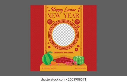 Lunar New Year Socials Media.  Luxurious Red and Gold Templates Featuring Natural Abstract Designs with Clouds, Circles, and Ornaments. Chinese New Year Posts, Stories, Flyers.