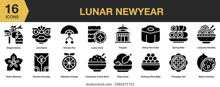 Lunar New Year solid icon set. Includes lunar new year, tradition, new year, animal, traditional, and More. Solid icons vector collection.