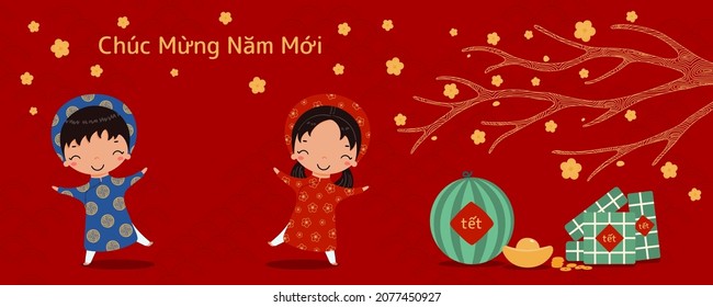 Lunar New Year Tet cute kids in ao dai, rice cakes, watermelon, gold, apricot flowers, Vietnamese text Happy New Year. Hand drawn vector illustration. Flat style design. Holiday banner concept