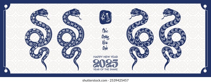 Lunar New Year themed paper graphic with oriental peach blossoms and 2025 snake (Translation : Happy new year )	