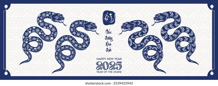 Lunar New Year themed paper graphic with oriental peach blossoms and 2025 snake (Translation : Happy new year )	