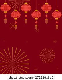 Lunar New Year Vector Background, Lanterns and Fireworks