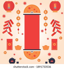 Lunar New Year vector poster. Asian traditinal paper, lanterns, fans, firecrackers, lucky money, coins and tea pots. Red colorful flat style elements. Symmetrical design. 