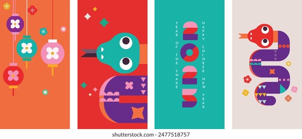 Lunar new year vertical background, banner, social media story template. Chinese New Year 2025 , Year of the Snake. Geometric modern vector style