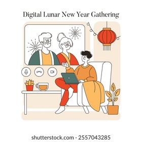 Lunar New Year virtual celebration illustration with family video calling, festive decorations, and warm ambiance. Vector illustration.