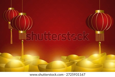 Lunar New Year Wealth and Prosperity Concept. Chinese New Year background featuring traditional red lanterns hanging above and golden ingots symbolizing wealth, prosperity, and good fortune.