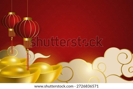 Lunar New Year Wealth and Prosperity Concept. Chinese New Year background featuring traditional red lanterns hanging above and golden ingots symbolizing wealth, prosperity, and good fortune.