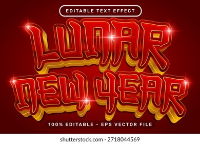 efecto de texto lunar de año nuevo 3D y efecto de texto editable con linternas y fondo de adornos chinos