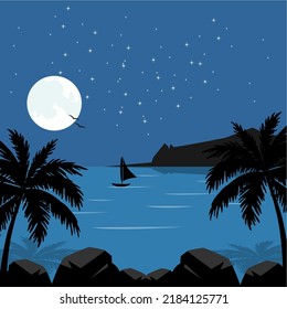 Lunar Night And Starry Sky. Full Moonlight On Water In Darkness. Beautiful Romantic Nature Landscape. Vector Illustration. 