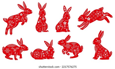 Lunar oriental rabbits. New 2023 chinese year of rabbit floral bunny silhouette, paper cut zodiac symbol hare horoscope gong asian cai seasons culture vector illustration of asian china rabbit