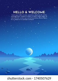 Lunar path. Moon over the mountains. Night on the lake, swamp, sea, ocean. Stones lie in the water. Realistic vector beach. Fog over water. Abstract landscape nature. Minimalistic simple illustration