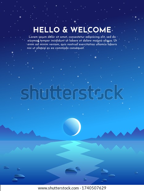 Lunar path. Moon over the mountains. Night\
on the lake, swamp, sea, ocean. Stones lie in the water. Realistic\
vector beach. Fog over water. Abstract landscape nature.\
Minimalistic simple\
illustration