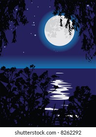 Camino lunar en el lago por la noche. Una ilustración vectorial.