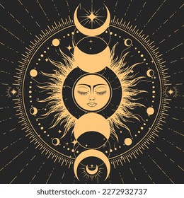 Lunar phase and mystic dreaming sun with closed eyes, astrology symbol, sun with face and moon, tarot magic and mystery, vector 