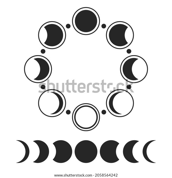 Lunar phases. Moon circle phase. The black
crescent is isolated on a white background. Celestial composition.
Vector illustration.