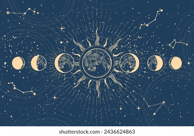 Lunar phases and moon eclipse, mystical moon in space, astrology and horoscope background, oneiromancy, vector