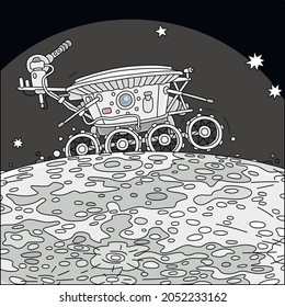 Lunar rover, Moon research vehicle exploring the satellite of the Earth, an interplanetary explorative expedition on a neighboring planet, vector cartoon illustration