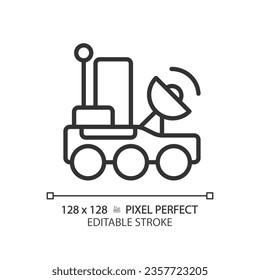 Lunar rover pixel perfect linear icon. Moon mission. Robotic vehicle. Space transport. Scientific exploration. Thin line illustration. Contour symbol. Vector outline drawing. Editable stroke