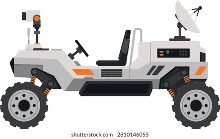 Lunar rover side profile on crater edge with lifted wheels, space exploration vehicle concept, flat vector illustration for infographic, presentation and website banner
