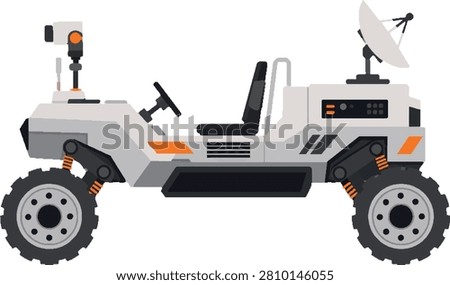 Lunar rover side profile on crater edge with lifted wheels, space exploration vehicle concept, flat vector illustration for infographic, presentation and website banner