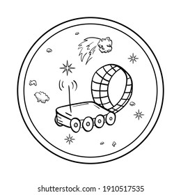Lunar rover, stars and asteroids. Space object in doodle style. Vector illustration isolated on a white background.