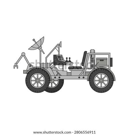 Lunar rover vehicle for planetary exploration and research. Grey-toned vector image of a robotic space rover with a satellite antenna and mechanical arm. Minimalist design on a white background. Ideal for space science education or sci-fi themes.
