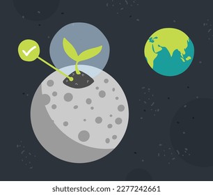 In the lunar soil, the plant grows. The moon in space on the background of planet earth. The concept of a lunar farm and agricultural culture in space. Vector flat illustration.