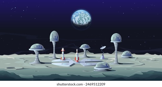 Lunar space base with a spaceport on the surface of the moon. Lunar landscape with planet earth above the horizon, modular buildings of colonists under a protective dome. Sci-fi cartoon vector.