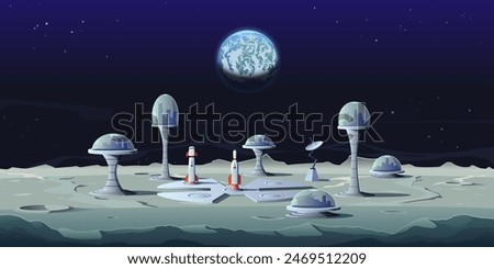 Lunar space base with a spaceport on the surface of the moon. Lunar landscape with planet earth above the horizon, modular buildings of colonists under a protective dome. Sci-fi cartoon vector.