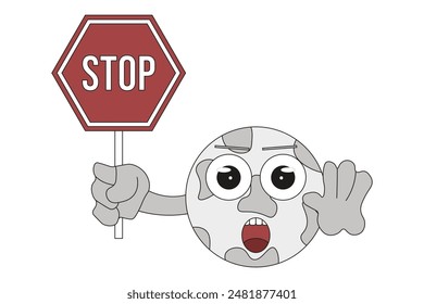 Lunar standstill concept. Trendy Groovy style moon character isolated white background. The big moon stop. Simple flat vector illustration. Editable stroke. EPS 10