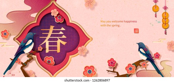 Lunar year banner with elegant swallow sitting on tree, Spring and fortune written in Chinese characters