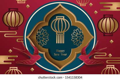Lunar year banner with lantern and flowers in paper art style. Translation : Happy New Year. Vector illustration