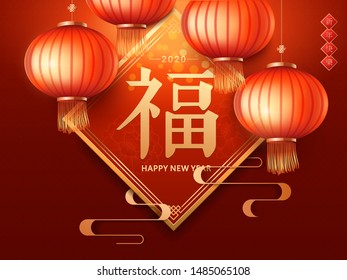 Lunar year banner with lanterns in paper art style, Happy New Year words written in Chinese characters on spring couplet.Happy Chinese New Year background illustration.fu character