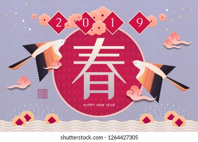 Lunar year design with flying bird and plum flowers, Spring and fortune words written in Chinese words