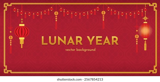 Lunar year red vector background. Traditional decoration: paper lanterns and coins on the ornament with a golden frame.