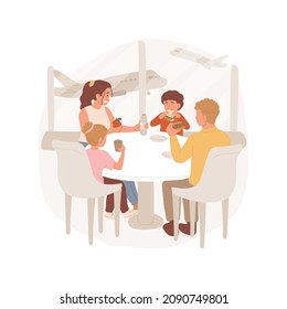 Lunch at the airport isolated cartoon vector illustration. Family sitting at airport cafe, airplanes on background, travelling, kid eating sandwich, lunch before departure cartoon vector.