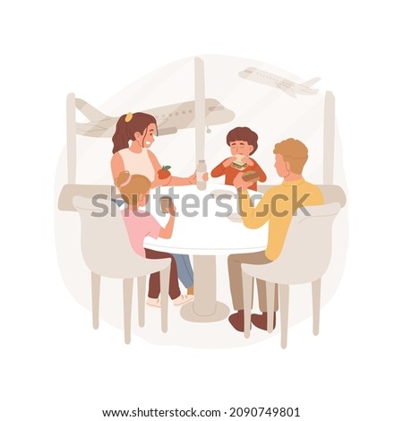 Lunch at the airport isolated cartoon vector illustration. Family sitting at airport cafe, airplanes on background, travelling, kid eating sandwich, lunch before departure cartoon vector.
