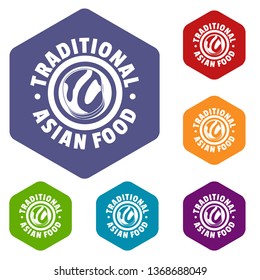 Lunch asian food icons vector colorful hexahedron set collection isolated on white 