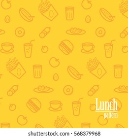 Lunch Background. Pattern With Line Icons of Food Like Sausage, Salad, Porridge, Soup, Sandwich, Potatoes, Tomato etc. Vector Illustration.