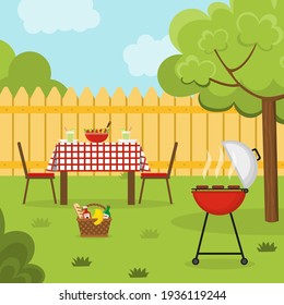 Lunch in the backyard. Barbecue in the garden. Outside dinner in a countryside house. Vector illustration. 