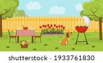 Lunch in the backyard with trees and flowerbed. Barbecue in the garden with dog. Outside dinner in a summer house. Vector illustration. Banner. 