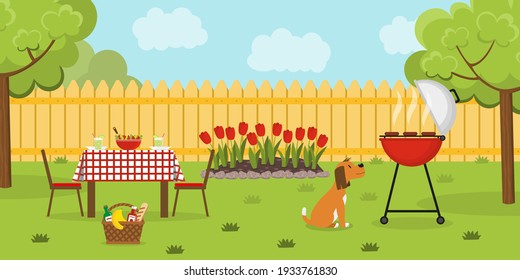 Lunch in the backyard with trees and flowerbed. Barbecue in the garden with dog. Outside dinner in a summer house. Vector illustration. Banner. 