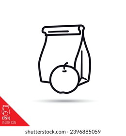 Mittagsbeutel und Apfelsinensymbol. Umrisssymbol für Papiertüten.