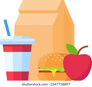 Lunch Bag mit Cheeseburger, Limonade und Apfel fördert ein ausgewogenes und gesundes Schulessen, das nahrhafte Früchte mit klassischen amerikanischen Favoriten kombiniert